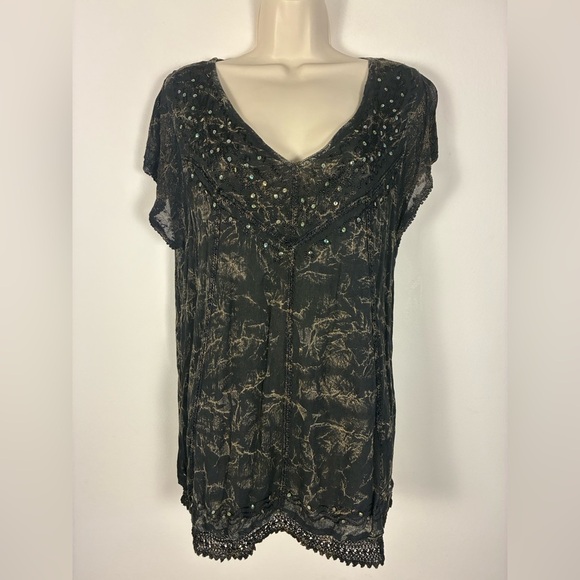 Sakkas Tunic Top XL Black Sequin Acid Washed Boho Goth Whimsigoth - Picture 1 of 8